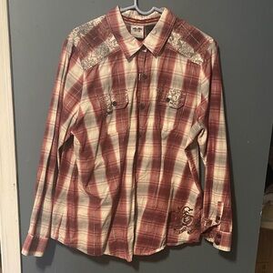 Harley-Davidson Red and White Plaid Long Sleeve Top